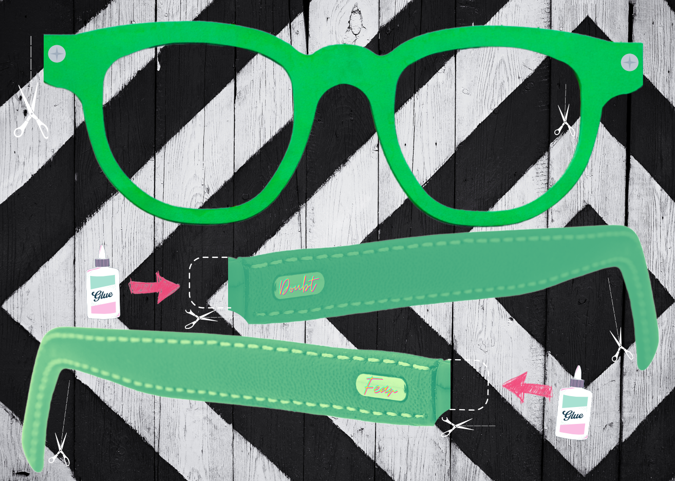 Digital artwork of the frames and arms of a pair of green glasses. One arm has 