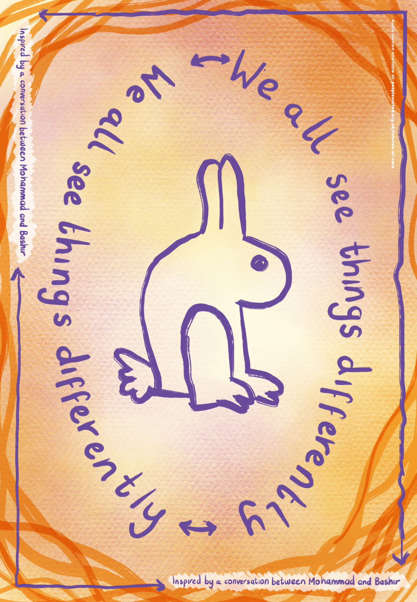 A rectangular poster with an orange, yellow and purple pastel background and a border of abstract orange lines. In the centre is a purple line-drawing. When the poster is portrait the animal looks like a rabbit, when the poster is landscape, the animal looks like a duck. Circling the drawing are the words 