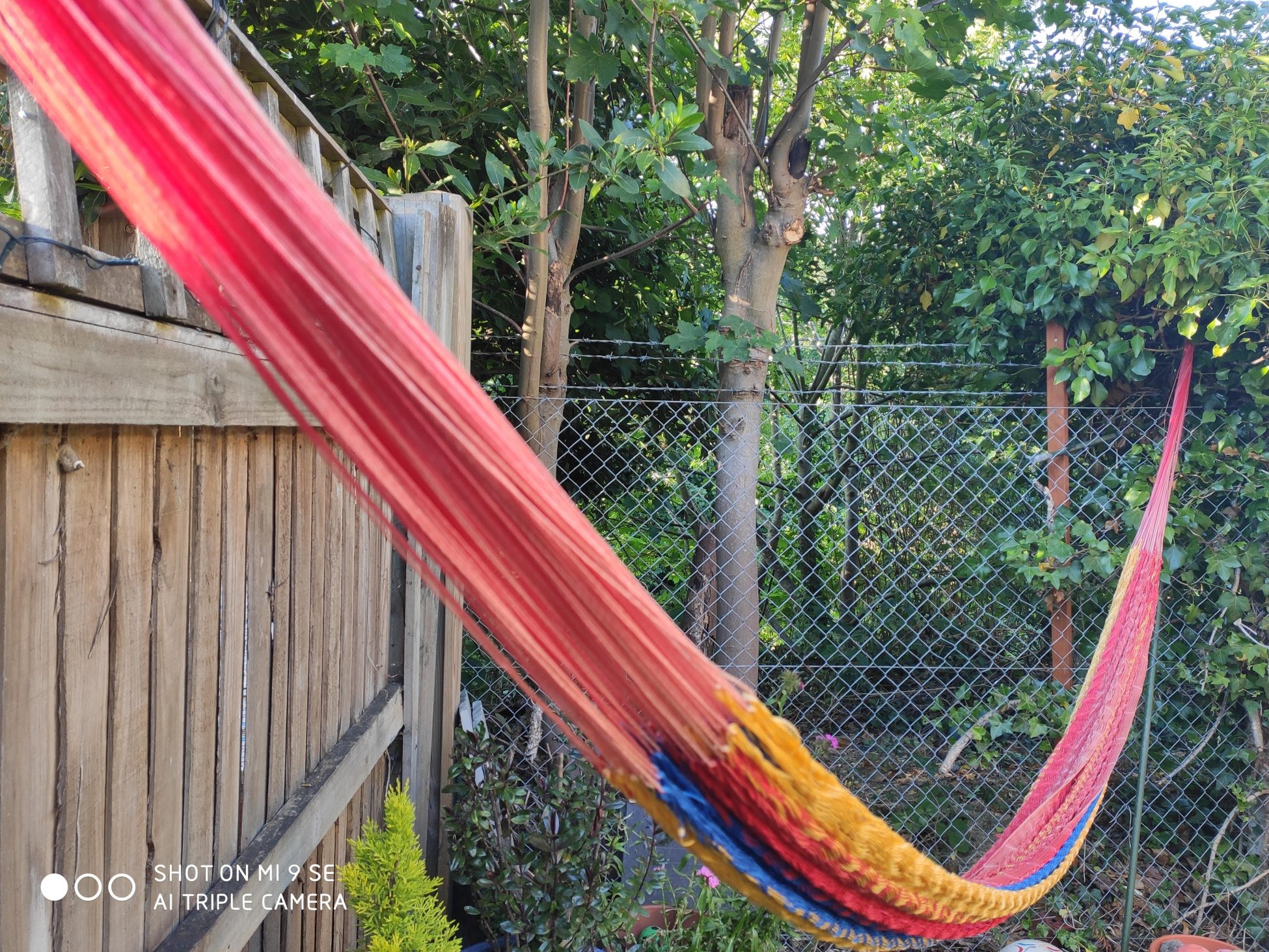 Brightly coloured hammock strung up between fence posts in a garden,