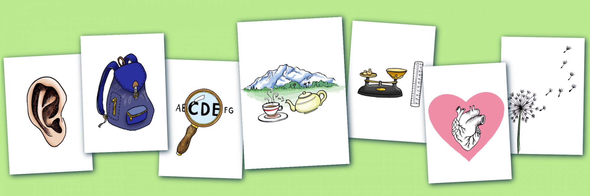 A set of 7 cards with hand-drawn illustrations on them. The largest in the centre has a drawing of a teapot and a cup of tea in the foreground and a mountain in the background