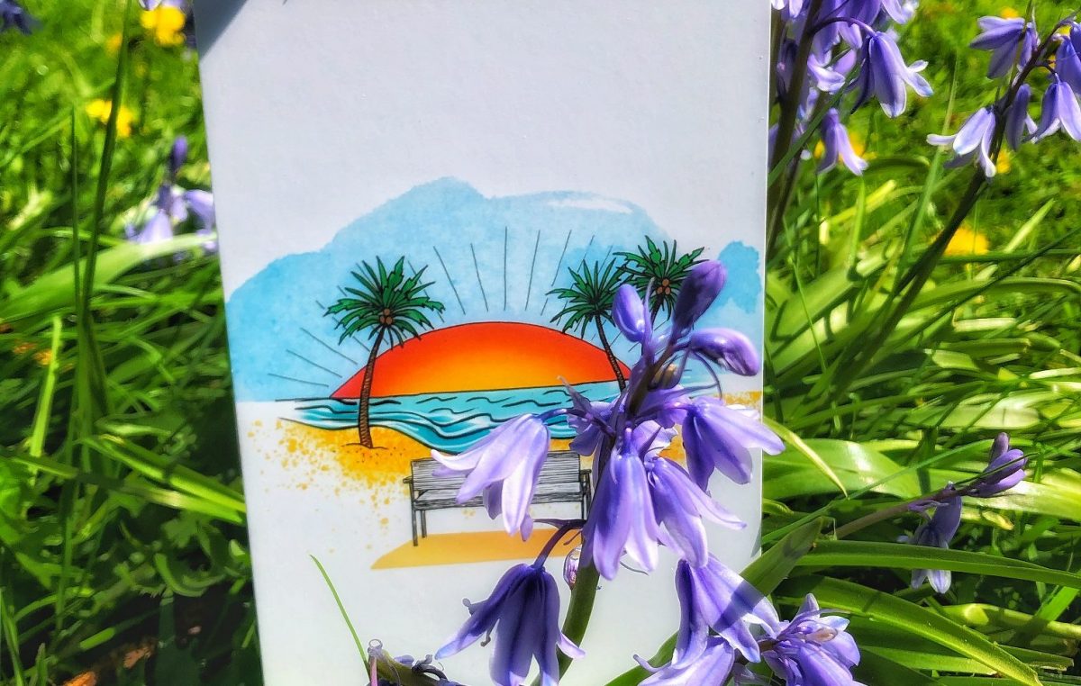 Photo of a hand-illustrated card showing a bench on the beach, looking out to sea, where the sun is low on the horizon. The card has been placed amongst a patch of bluebells growing in a field.