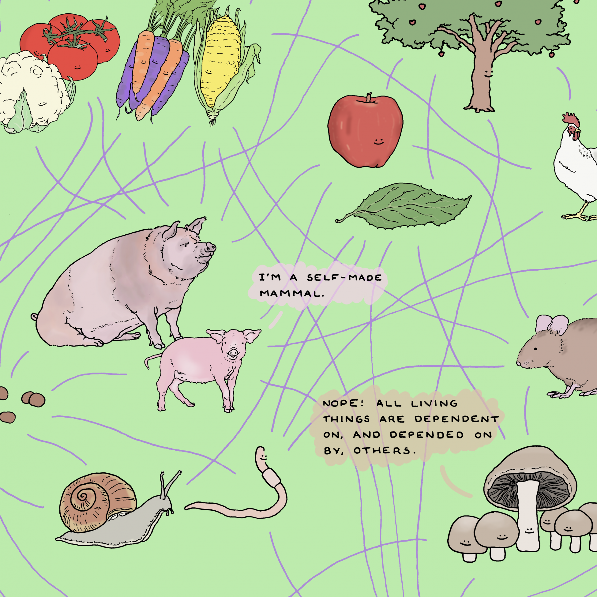 Part of a digital artwork showing illustrations of anthropomorphised fruits and vegetables and animals. There are dozens of criss-crossing lines drawn between all of the foods and animals, as well as lines disappearing off the edges of the image. A piglet has a speech bubble saying 