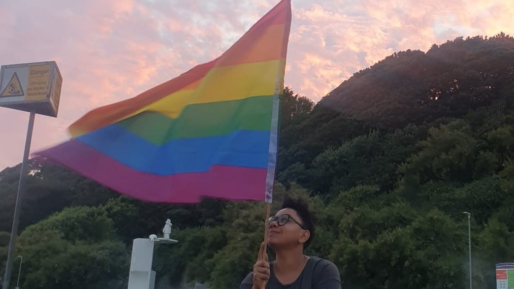 A colourful image of a black queer trans person in black rimmed glasses waving an LGBTQ+ rainbow flag whilst sitting on some rocks in front of greenery. The sky is has pink tones and the person is looking upwards.