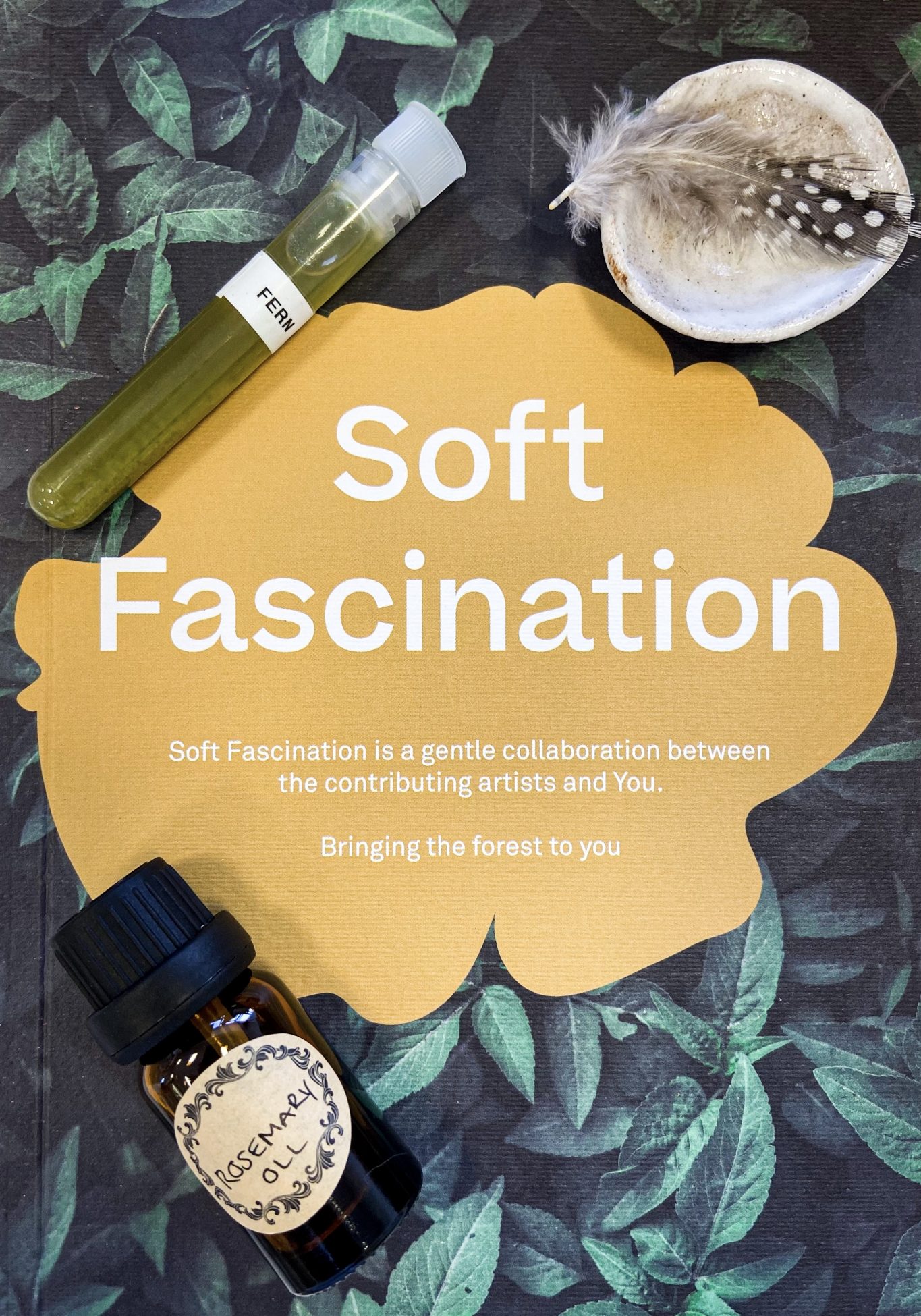 A photo of the soft fascination zine front cover, with a small bottle of rosemary oil, a small tube of natural green ink and a feather lying on top.