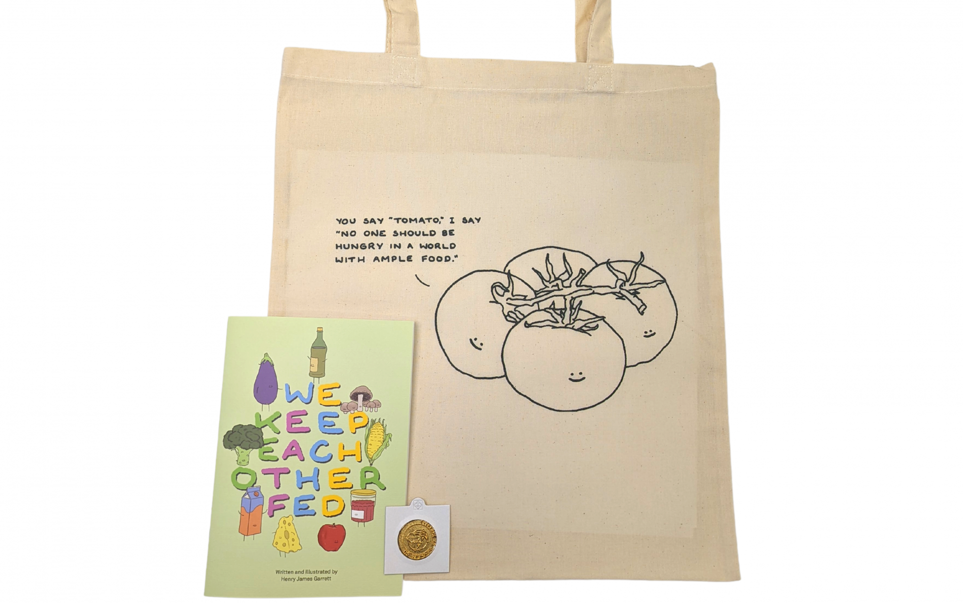 Photo of a canvas tote bag with a line-drawn illustration of four tomatoes on a vine. One is saying 